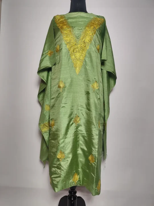 3pc Green Silk Unstitched Suit with Zari Embroidery
