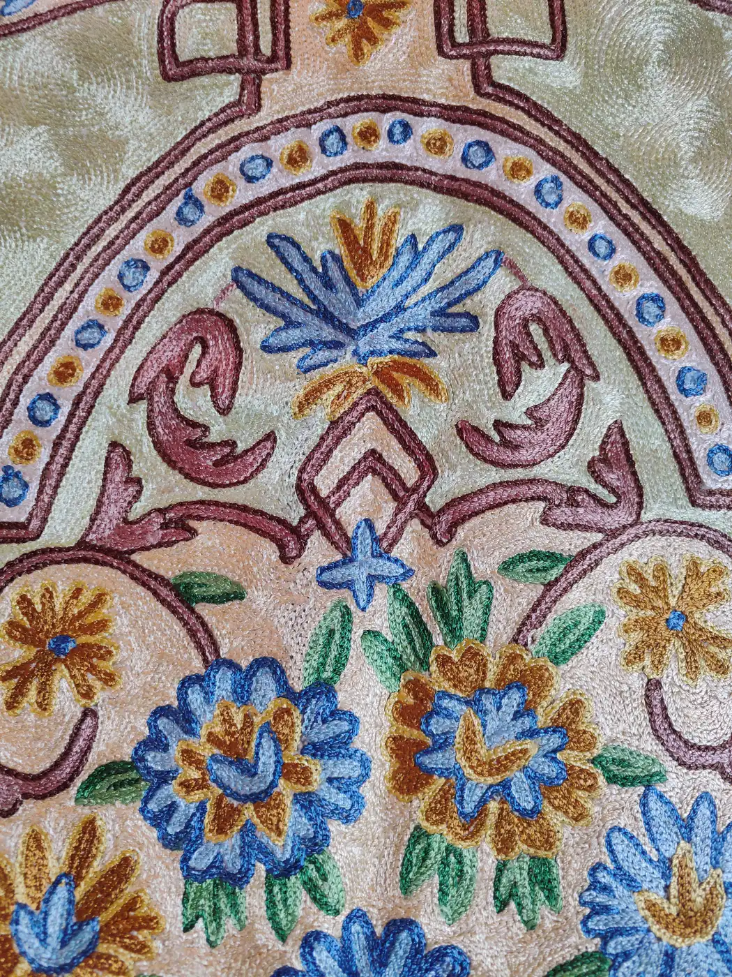 Round Kashmiri Handmade Silk Carpet Rug with Chain Stitch Work | 4 feet - Image 3