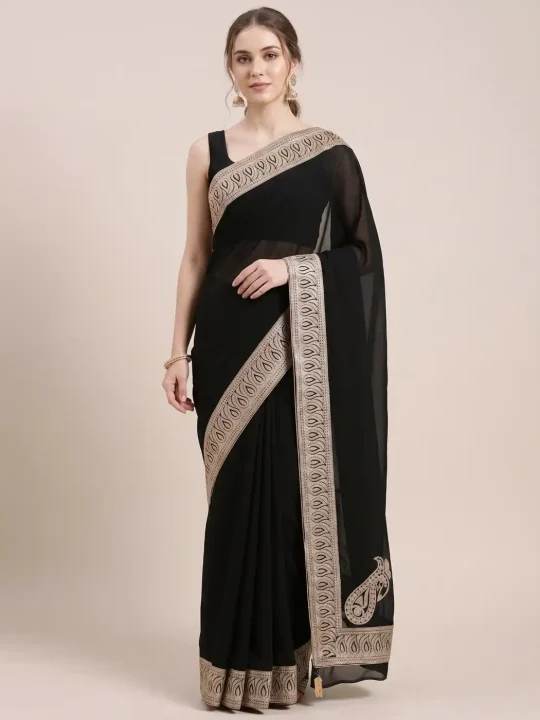 Zulaikha Georgette Zari Tilla Embroidery Black Saree
