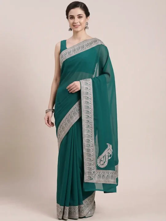 Zari Embroidery Green Georgette Saree