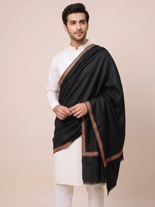 Black Kashmiri Men’s Hashidar Shawl in Wool with Hand Sozni Work