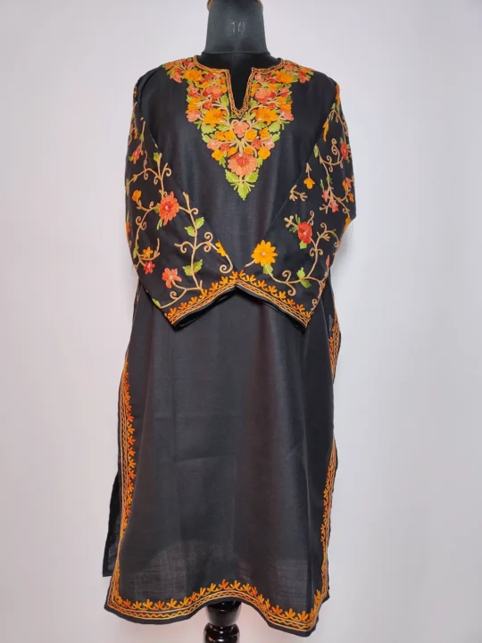 Black Long Ruby Cotton Nighat Kashmiri Kurti with Sleeve Aari Embroidery