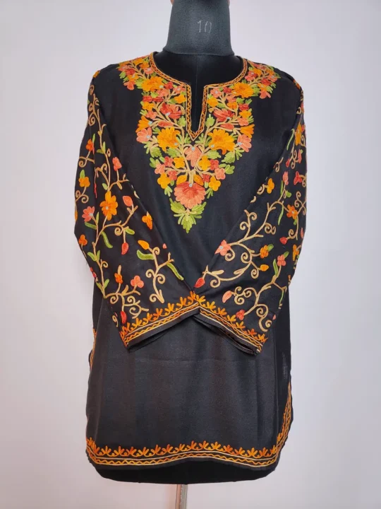 Nighat Kashmiri Short Ruby Cotton Black Designer Kurti with Sleeve Aari Embroidery