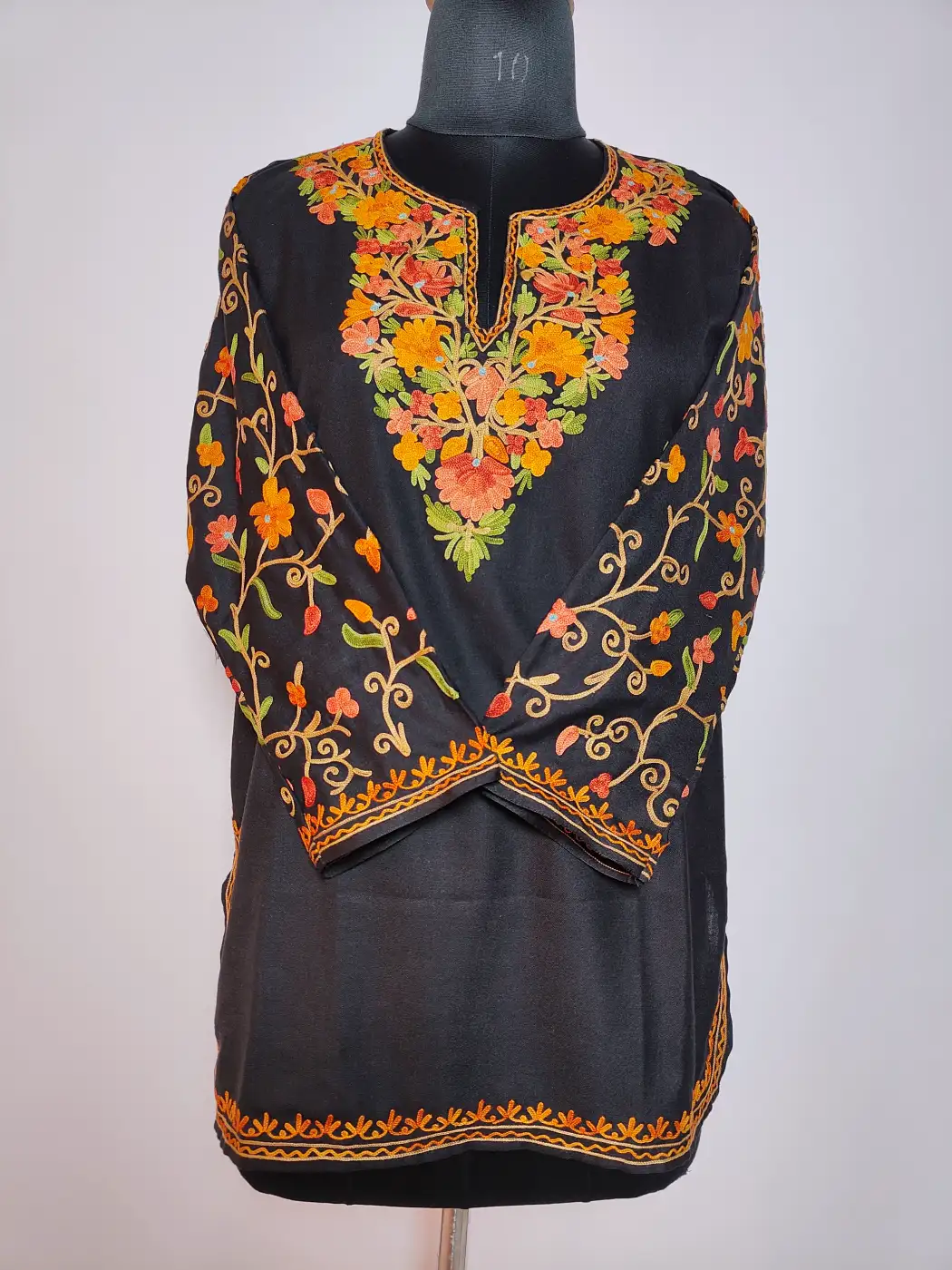 Nighat Kashmiri Short Ruby Cotton Black Designer Kurti with Sleeve Aari Embroidery