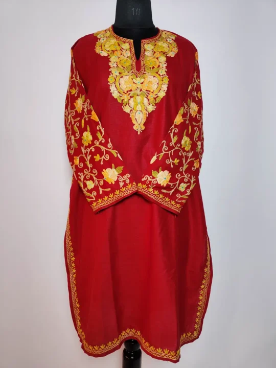 Maroon Kashmiri Long Ruby Cotton Nighat Kurti with Sleeve Aari Embroidery