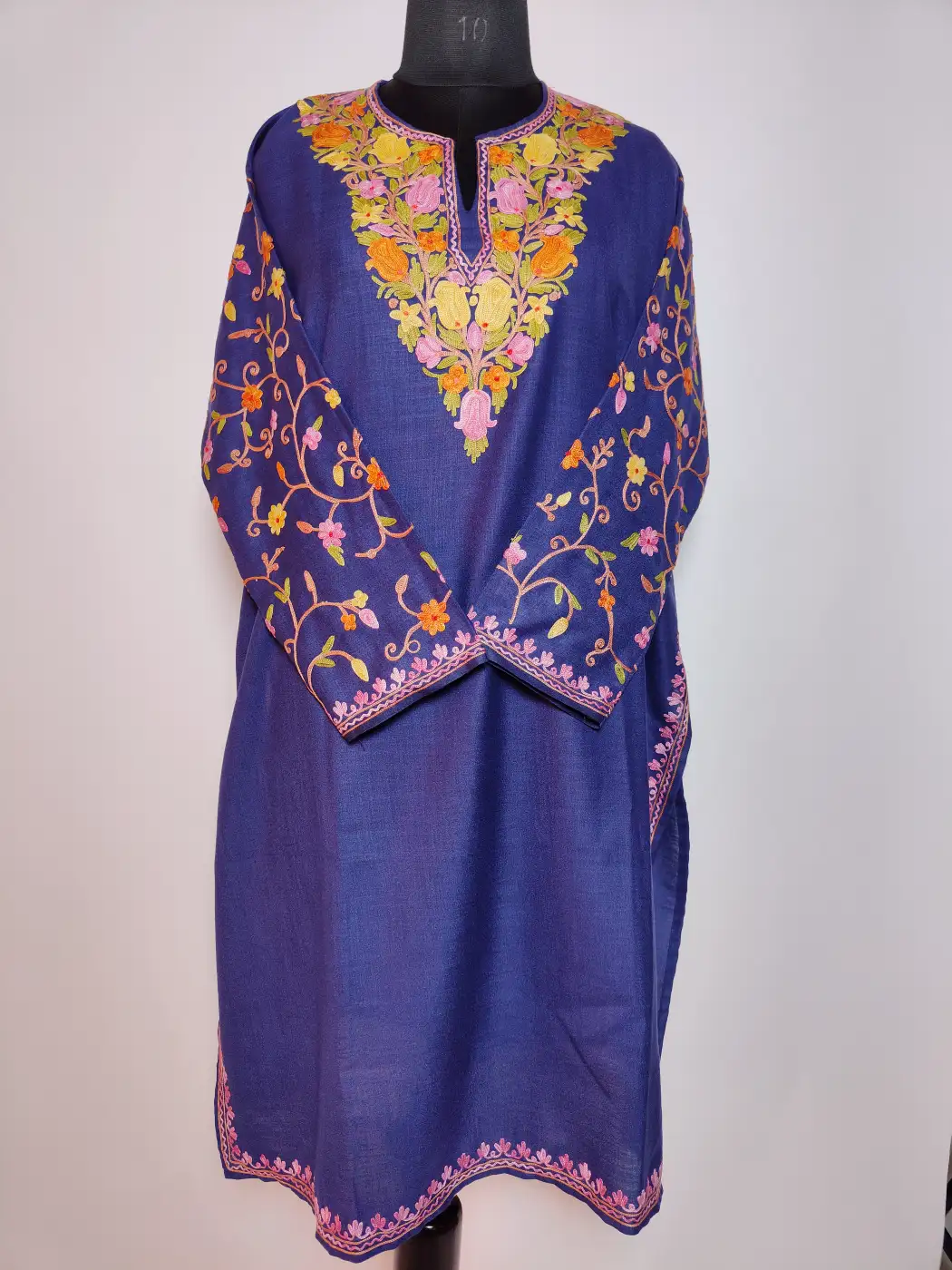 Dark Blue Kashmiri Long Ruby Cotton Nighat Kurti with Sleeve Aari Embroidery