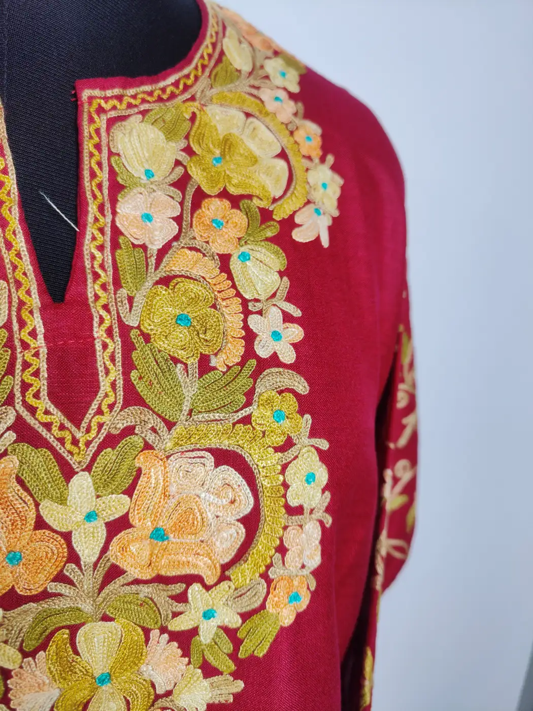 Nighat Maroon Long Ruby Cotton Kashmiri Kurti with Sleeve Aari Embroidery - Image 3