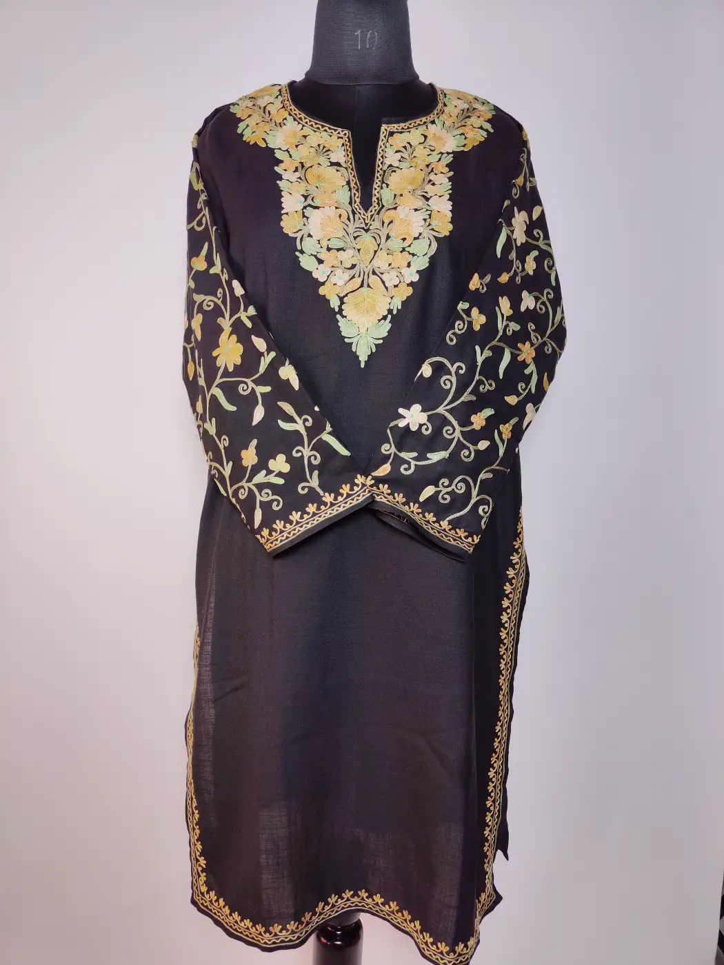 Kashmiri Long Ruby Cotton Nighat Black Kurti with Sleeve Aari Embroidery