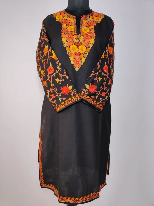 Black Long Ruby Cotton Kashmiri Nighat Kurti with Sleeve Aari Embroidery