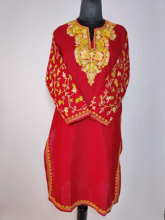 Nighat Maroon Long Ruby Cotton Kashmiri Kurti with Sleeve Aari Embroidery