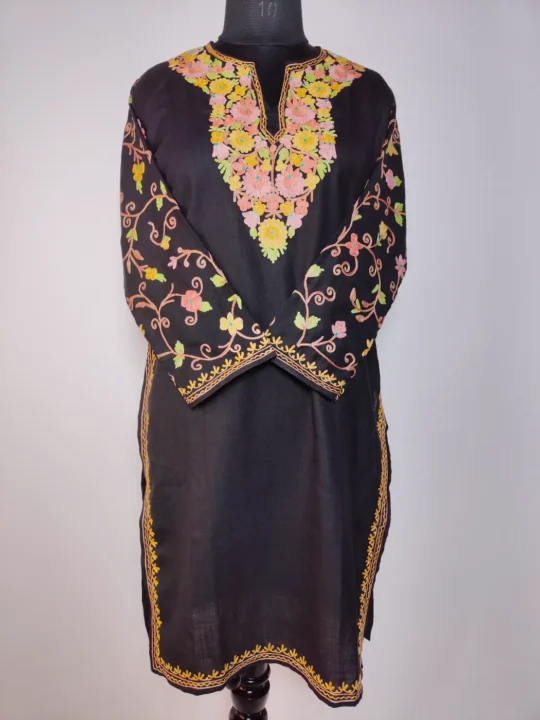 Kashmiri Black Long Ruby Cotton Nighat Kurti with Sleeve Aari Embroidery