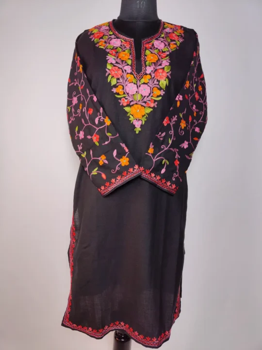 Black Kashmiri Ruby Long Ruby Cotton Nighat Kurti with Sleeve Aari Embroidery