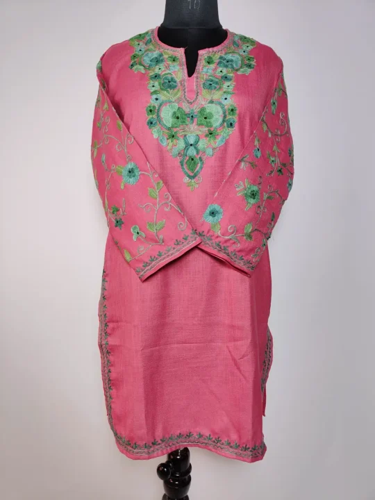 Pink Kashmiri Long Ruby Cotton Nighat Kurti with Sleeve Aari Embroidery