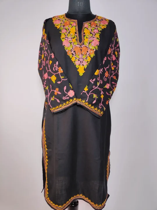 Kashmiri Long Ruby Cotton Nighat Black Kurti with Sleeve Aari Embroidery