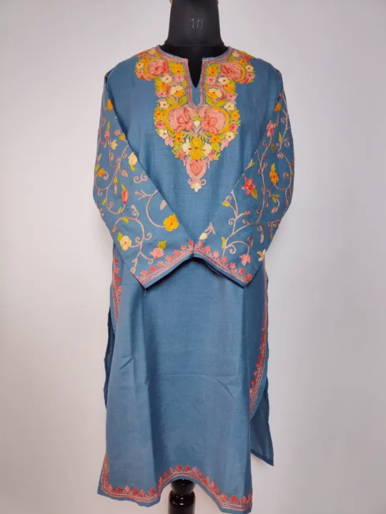Kashmiri Long Ruby Cotton Dark Grey Nighat Kurti with Sleeve Aari Embroidery