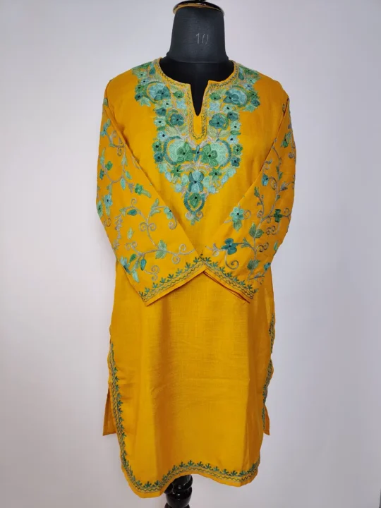 Mustard Kashmiri Long Ruby Cotton Nighat Kurti with Sleeve Aari Embroidery