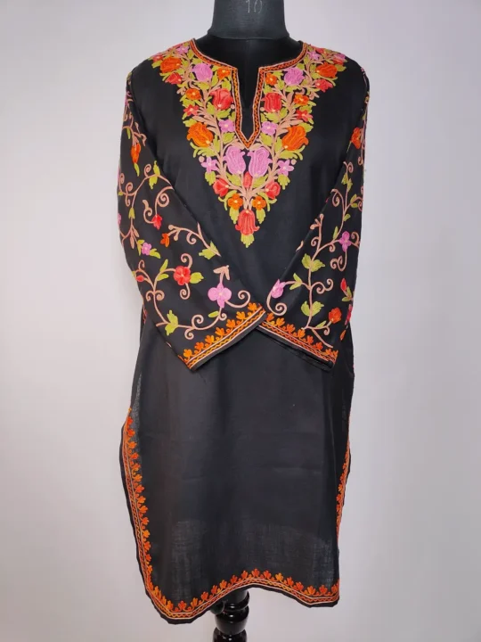 Black Long Ruby Cotton Kashmiri Kurti with Sleeve Aari Embroidery Sehr