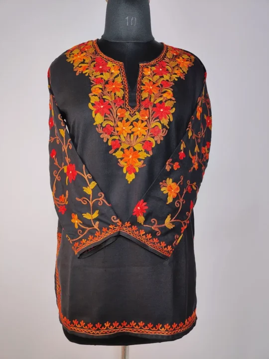 Black Kashmiri Short Ruby Cotton Nighat Kurti with Sleeve Aari Embroidery