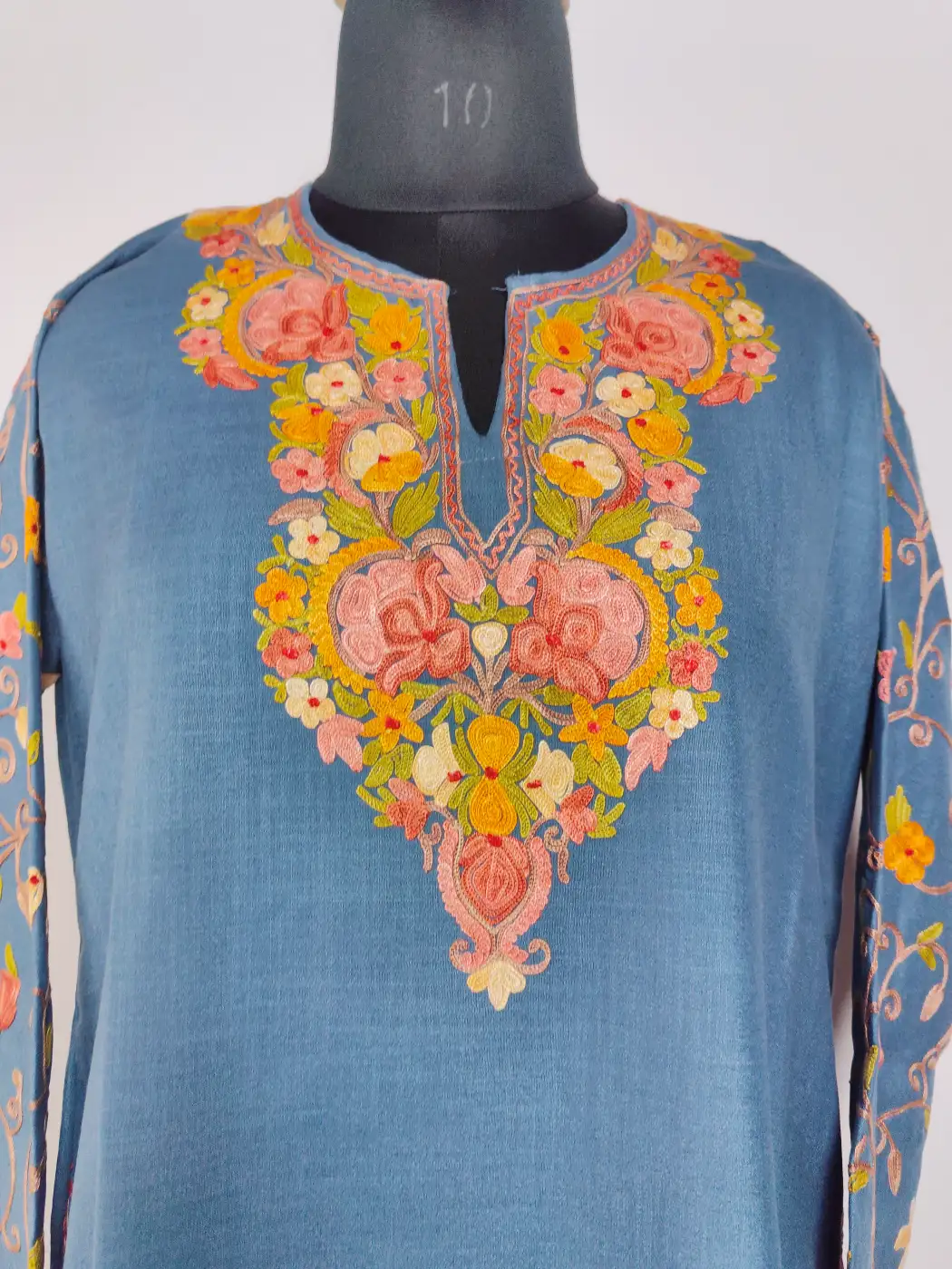 Kashmiri Long Ruby Cotton Dark Grey Nighat Kurti with Sleeve Aari Embroidery - Image 2