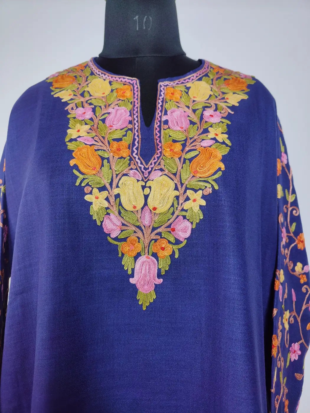 Dark Blue Kashmiri Long Ruby Cotton Nighat Kurti with Sleeve Aari Embroidery - Image 2