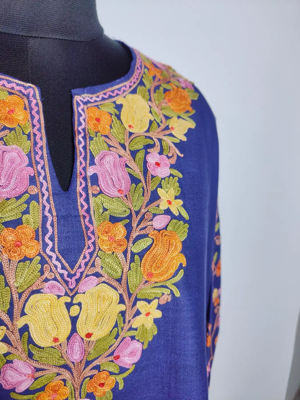 Dark Blue Kashmiri Long Ruby Cotton Nighat Kurti with Sleeve Aari Embroidery - Image 3