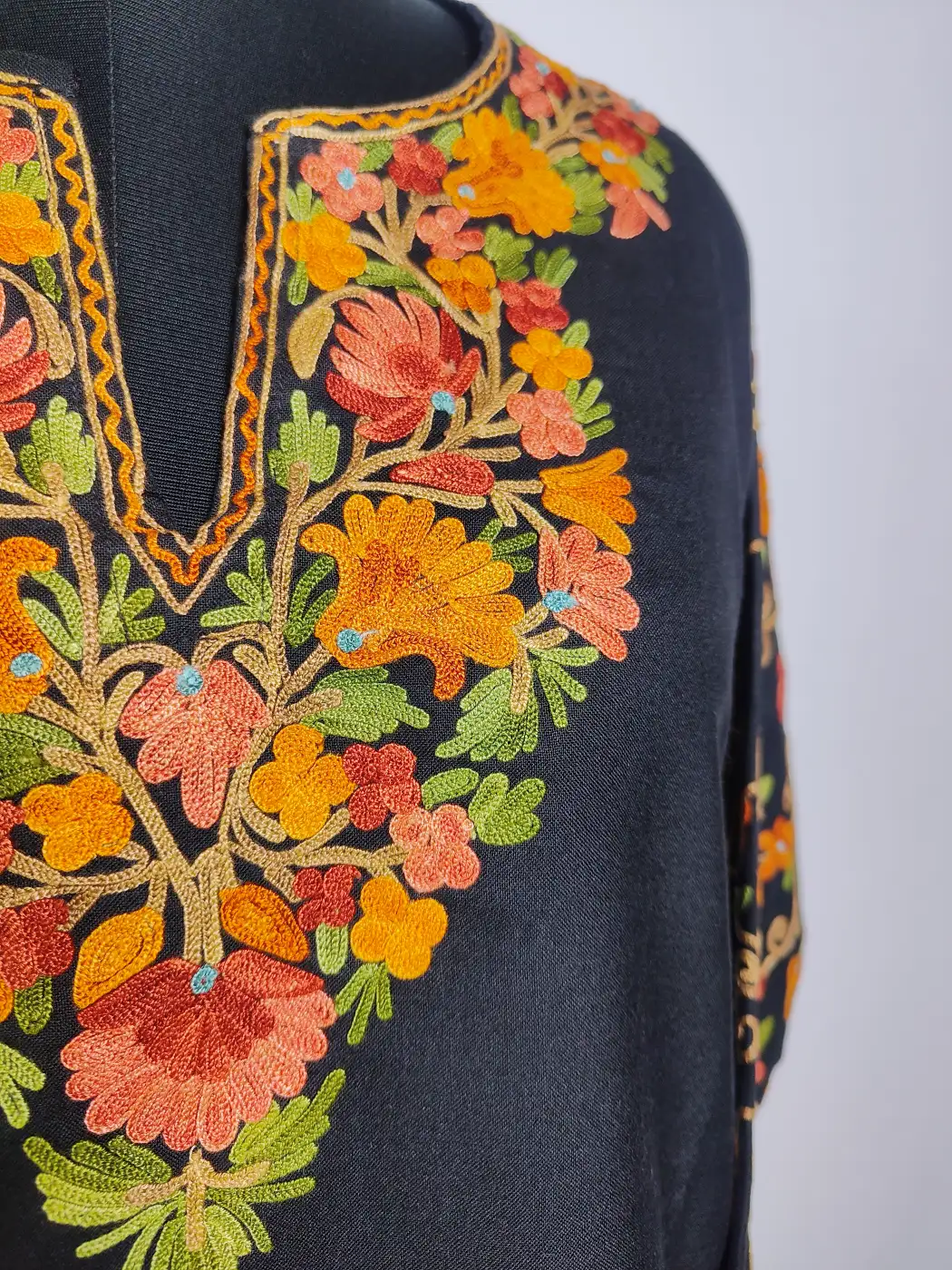 Nighat Kashmiri Short Ruby Cotton Black Designer Kurti with Sleeve Aari Embroidery - Image 2