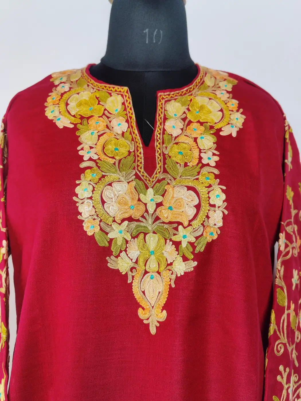 Nighat Maroon Long Ruby Cotton Kashmiri Kurti with Sleeve Aari Embroidery - Image 2