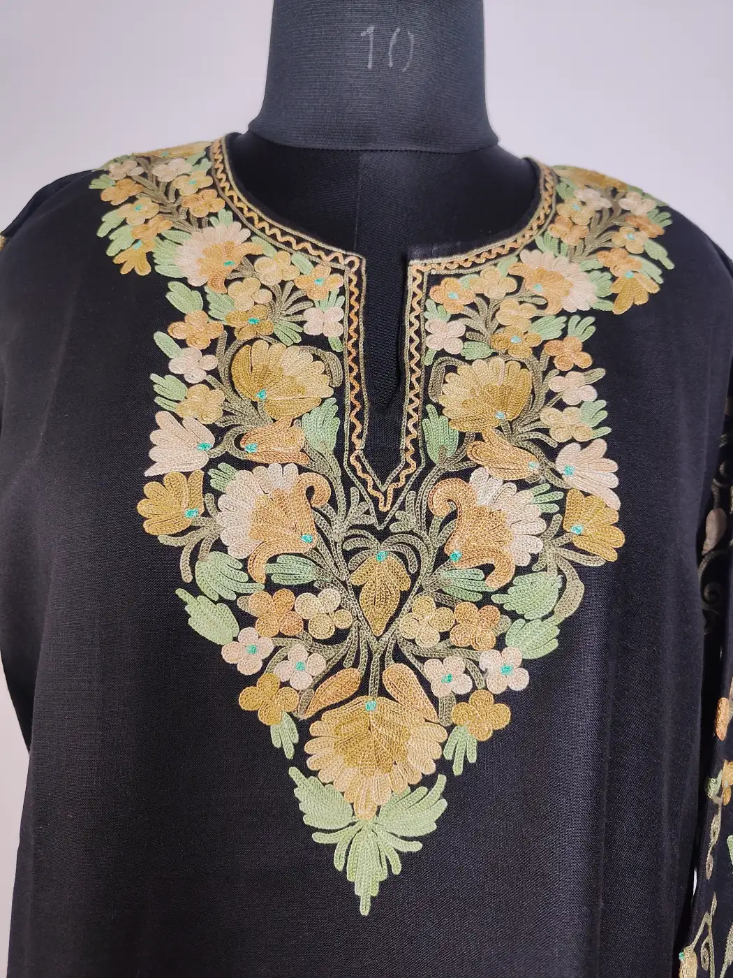 Kashmiri Long Ruby Cotton Nighat Black Kurti with Sleeve Aari Embroidery - Image 2