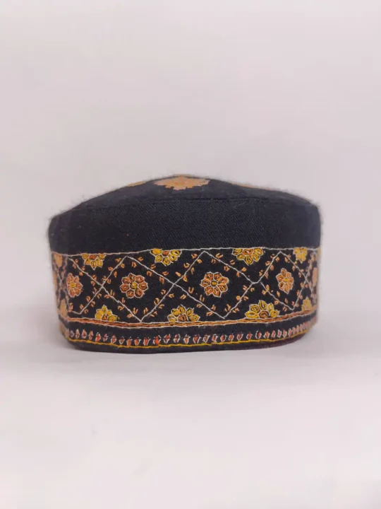 Black Toosha Kashmiri Cap with Sozni Embroidery Haseeb