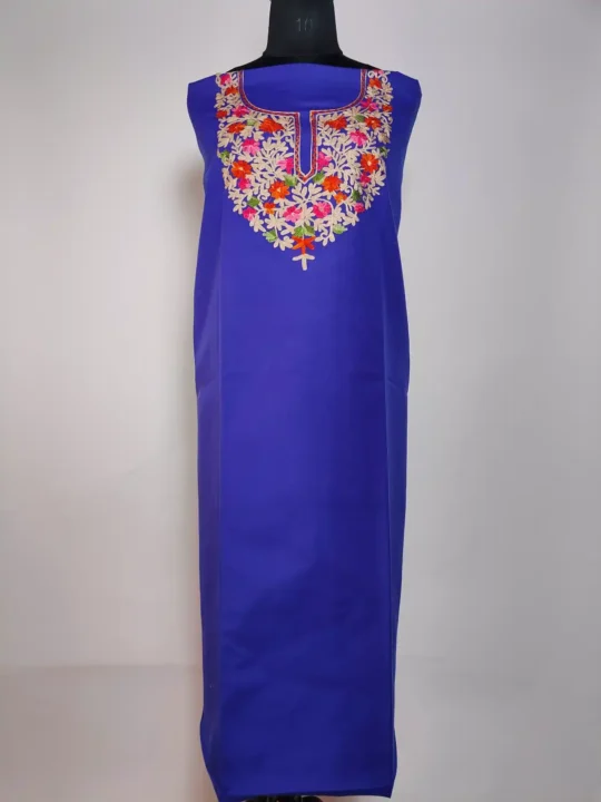 2pc Kashmiri Unstiched Suit in Dark Blue Poly Cotton with Aari Embroidery