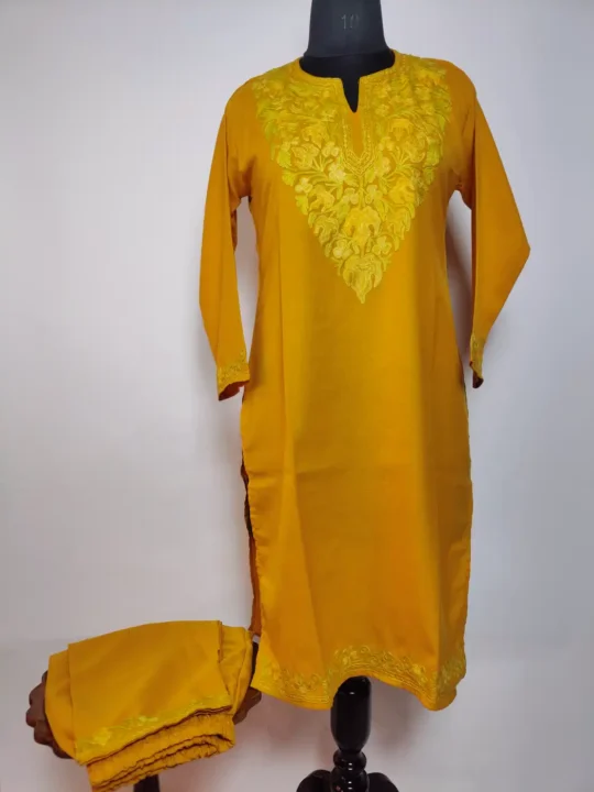 Long Summer Cool Raunaq Mustard Kurti Set with Aari Embroidery