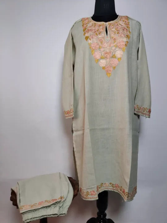 Cream Long Summer Cool Raunaq Kurti Set with Aari Embroidery