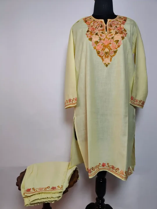 Pastel Yellow Long Summer Cool Cotton Co-ord Set Mahira with Aari Embroidery