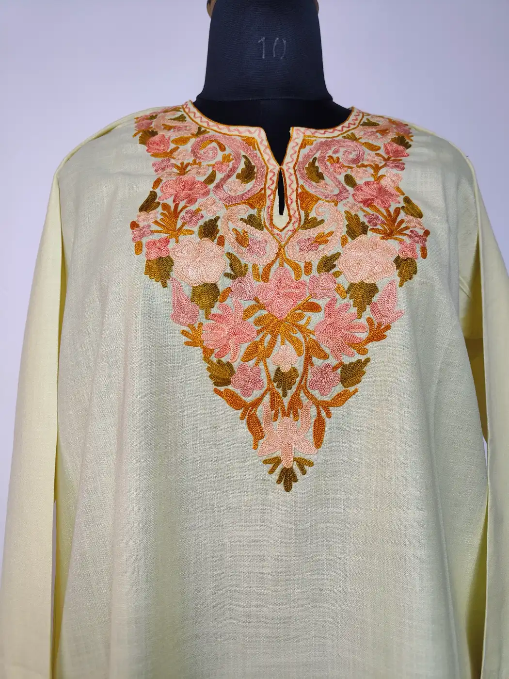 Pastel Yellow Long Summer Cool Cotton Co-ord Set Mahira with Aari Embroidery - Image 2