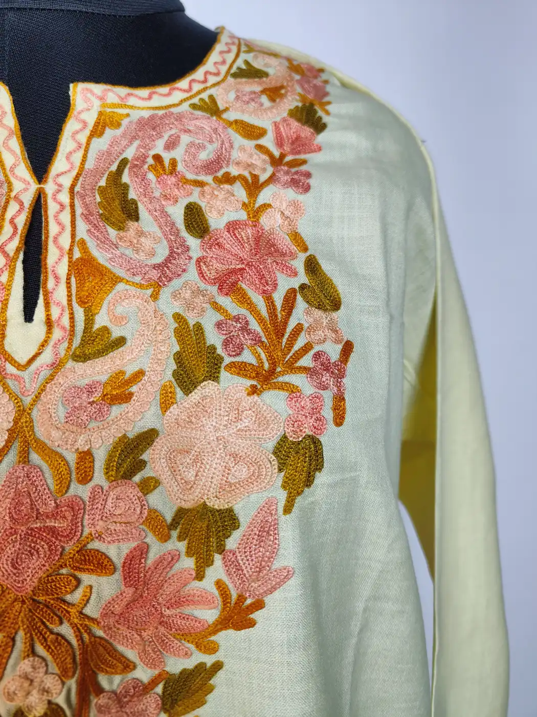 Pastel Yellow Long Summer Cool Cotton Co-ord Set Mahira with Aari Embroidery - Image 3