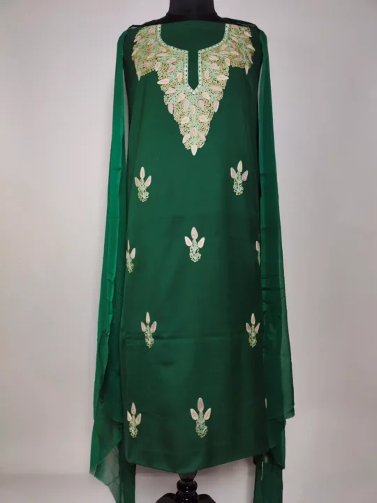 Dark Green 3pc Kashmiri Suit in Summer Cool Cotton with Aari Work Qamar