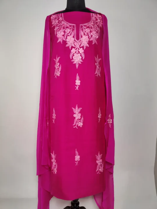 Kashmiri Naghma 3pc Magenta Kashmiri Suit in Summer Cool Cotton with Aari Work