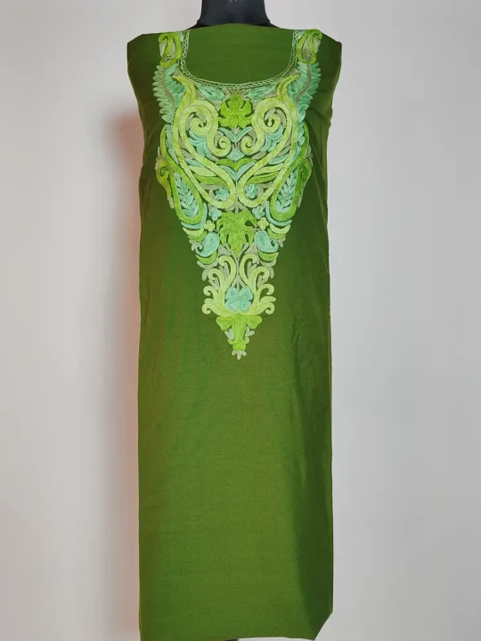 2pc Olive Green Maviya Unstiched Suit in Summer Cool Cotton with Aari Embroidery