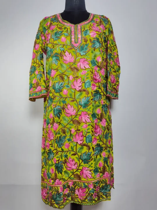 Pear Green Long Georgette Kurti with Chinar Front Back Aari