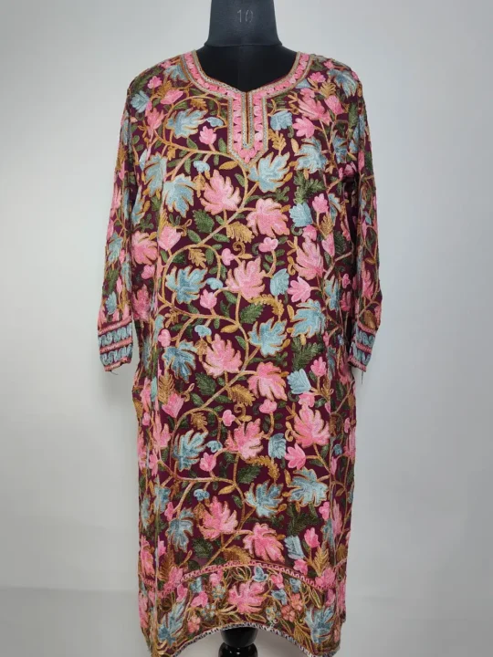 Long Wine Georgette Kurti Shabnam with Chinar Front Back Aari