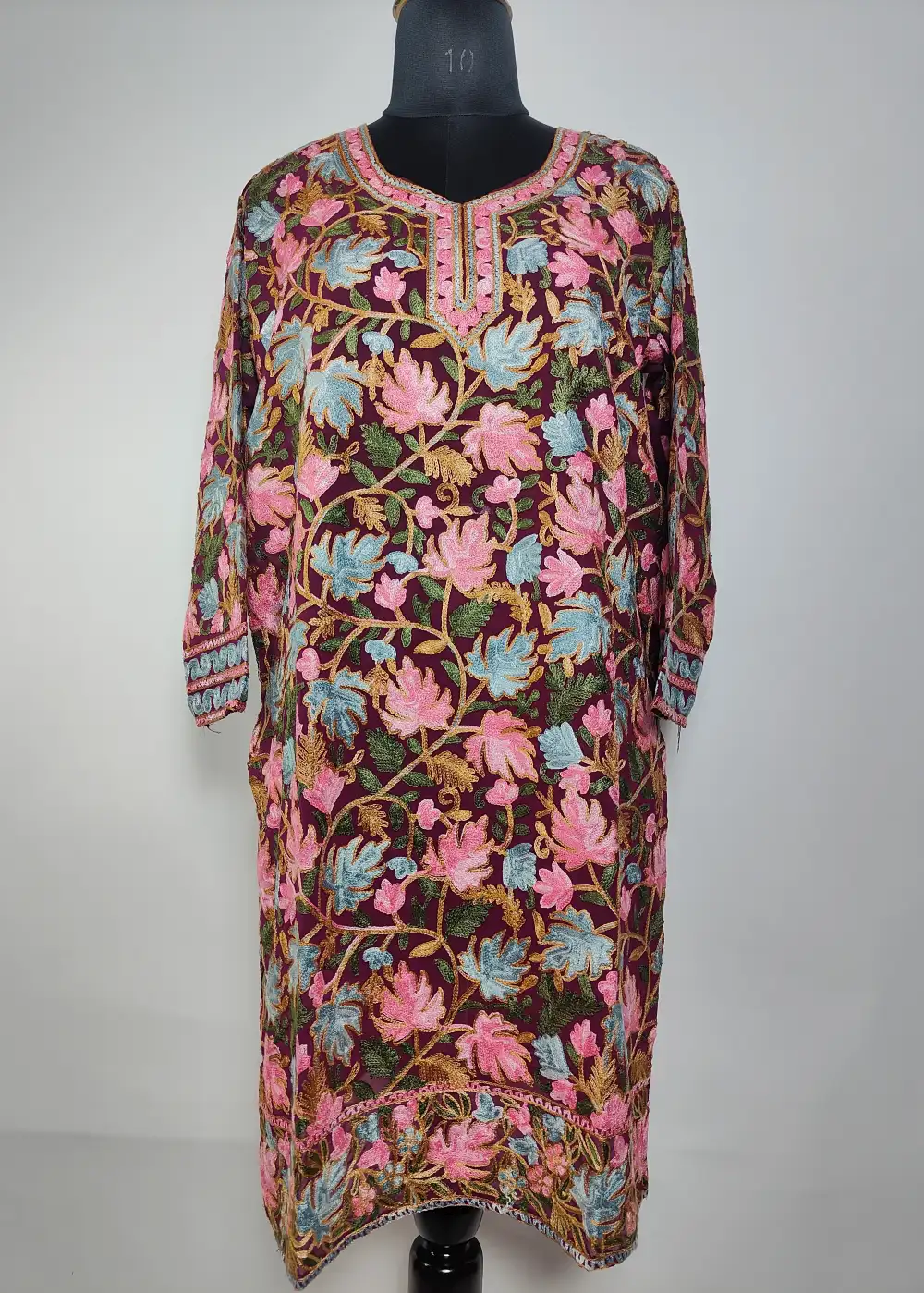 Long Wine Georgette Kurti Shabnam with Chinar Front Back Aari