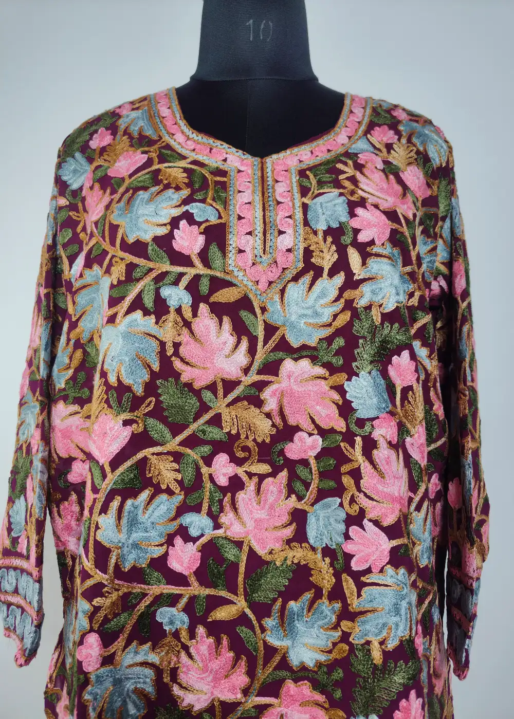 Long Wine Georgette Kurti Shabnam with Chinar Front Back Aari - Image 2