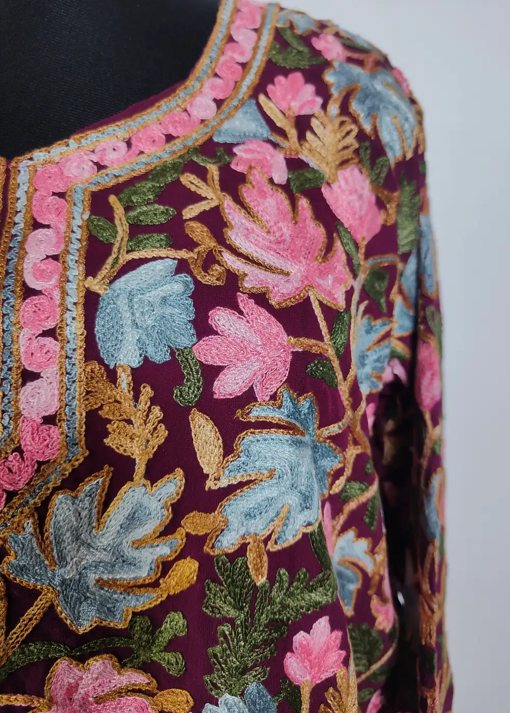 Long Wine Georgette Kurti Shabnam with Chinar Front Back Aari - Image 3