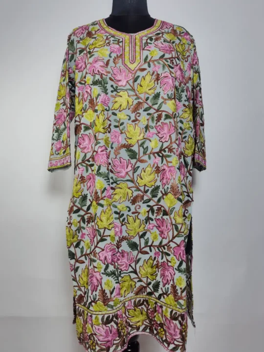 Ice Blue Long Georgette Kurti with Chinar Front Back Aari Rabia