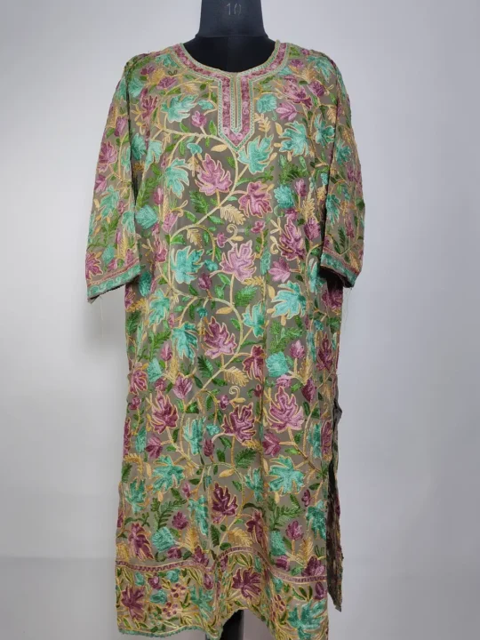 Greyish-Green Long Georgette Kurti Haniya with Chinar Front Back Aari