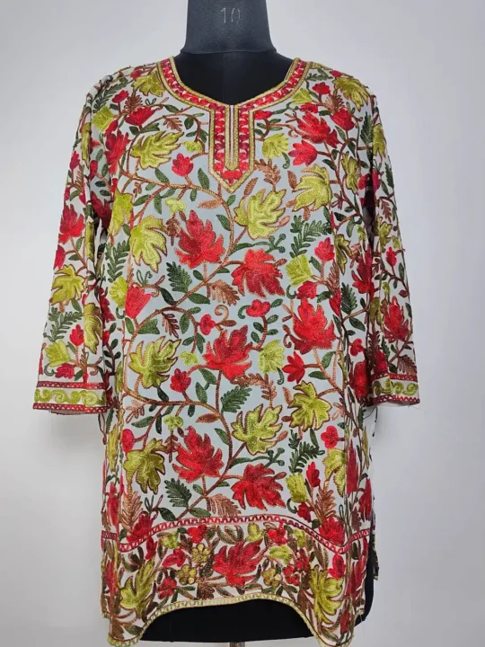 Maviya Ice Blue Short Georgette Kurti with Chinar Aari on Front Back