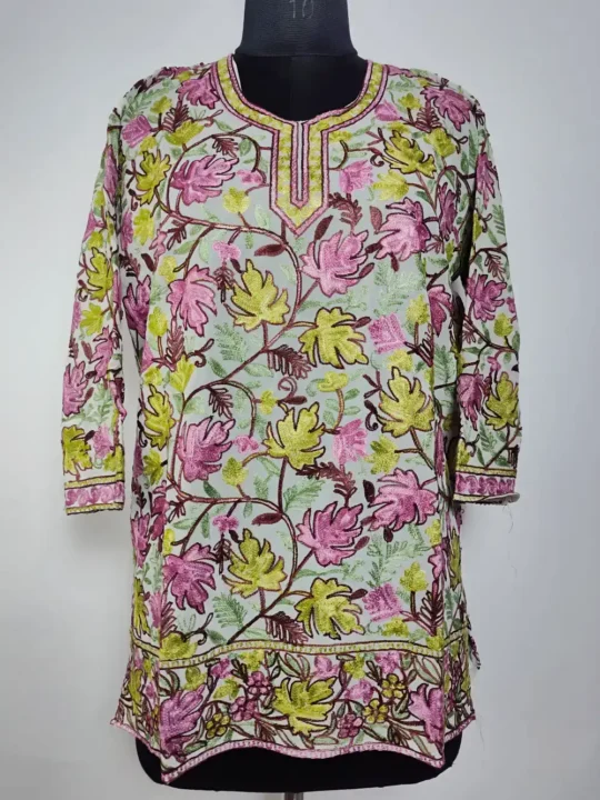 Ice Blue Short Georgette Kurti with Front Back Chinar Aari Rehba