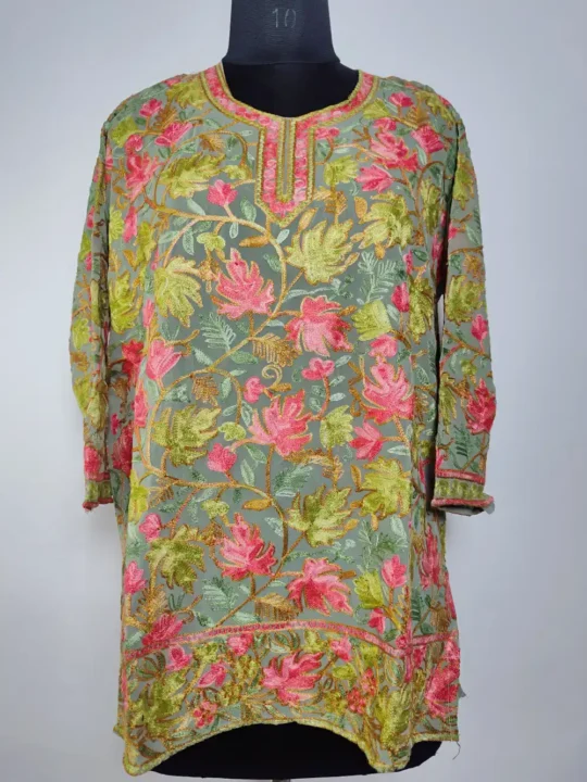 Green Short Georgette Kurti with Front Back Chinar Aari Sameena