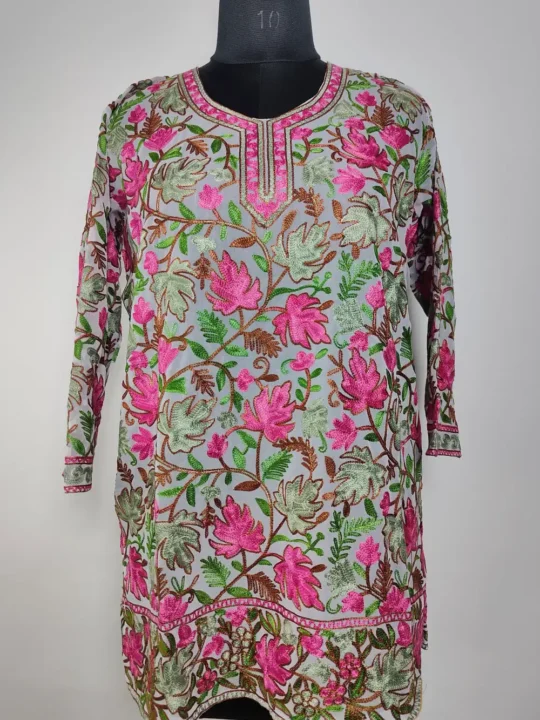 Light Green Short Georgette Kurti with Chinar Aari on Front and Back Nimrah