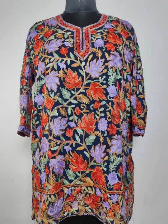 Indigo Blue Naima Short Georgette Kurti with Chinar Aari on Front and Back